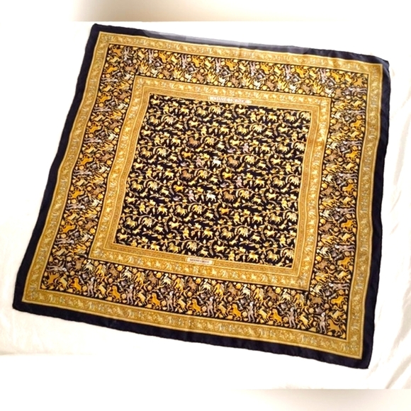 Hermes Accessories - Hermes Chasse En Inde Black & Gold Silk Scarf